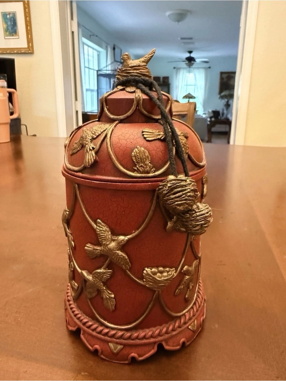 Chinoiserie Red Gold Lidded Jar Birds Nests Tassel Asian Decor